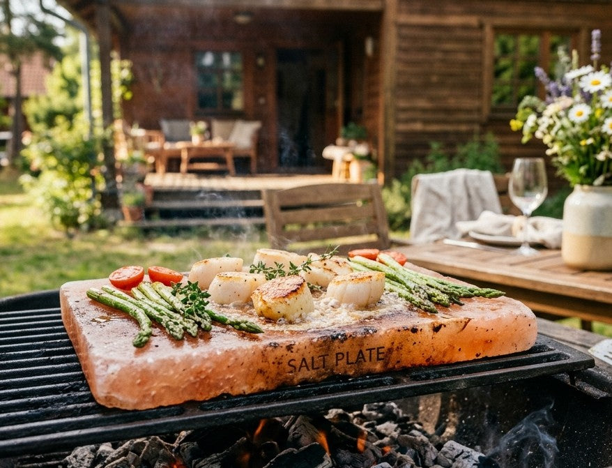 A large rectangular Himalayan Salt Grilling Plate on a charcoal grill, topped with seared scallops, asparagus, and cherry tomatoes, with a rustic outdoor dining setting and wooden cabin in the background.