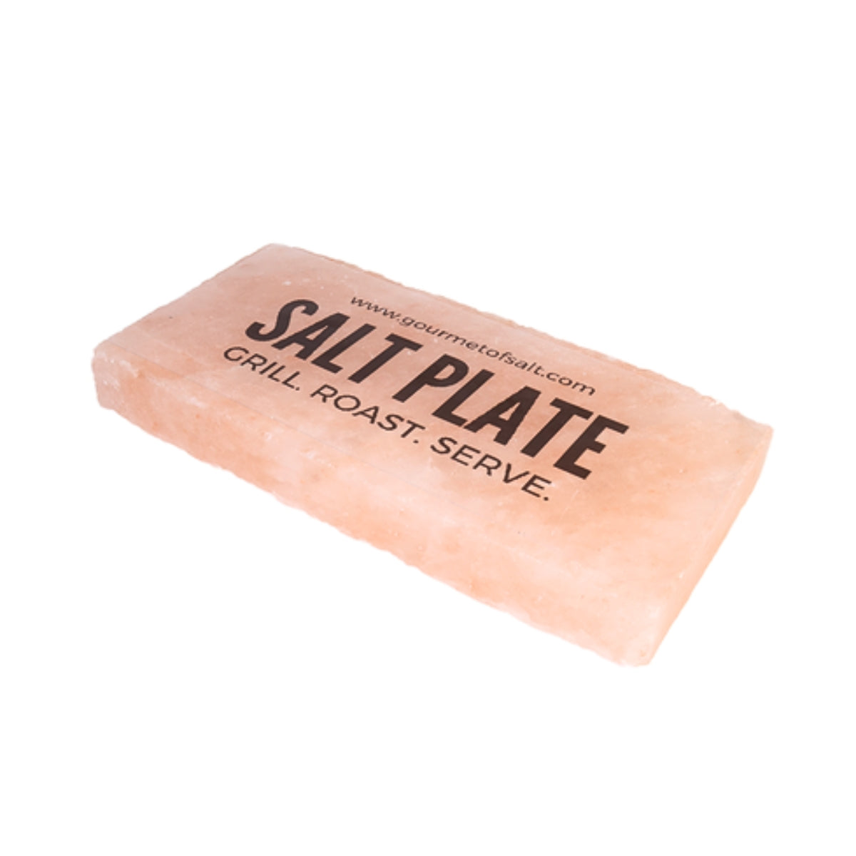 A rectangular pink Himalayan salt grilling block with black printed text reading 'SALT PLATE' and 'GRILL ROAST SERVE.' on a plain white background.