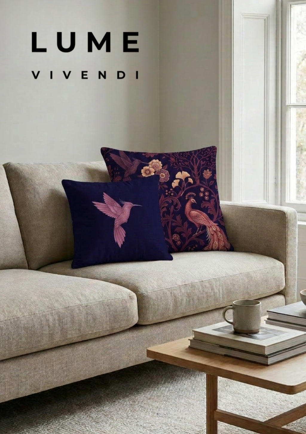 Sofa with decorative pillows and a coffee table in a living room setting, featuring Lume Vivendi branding.