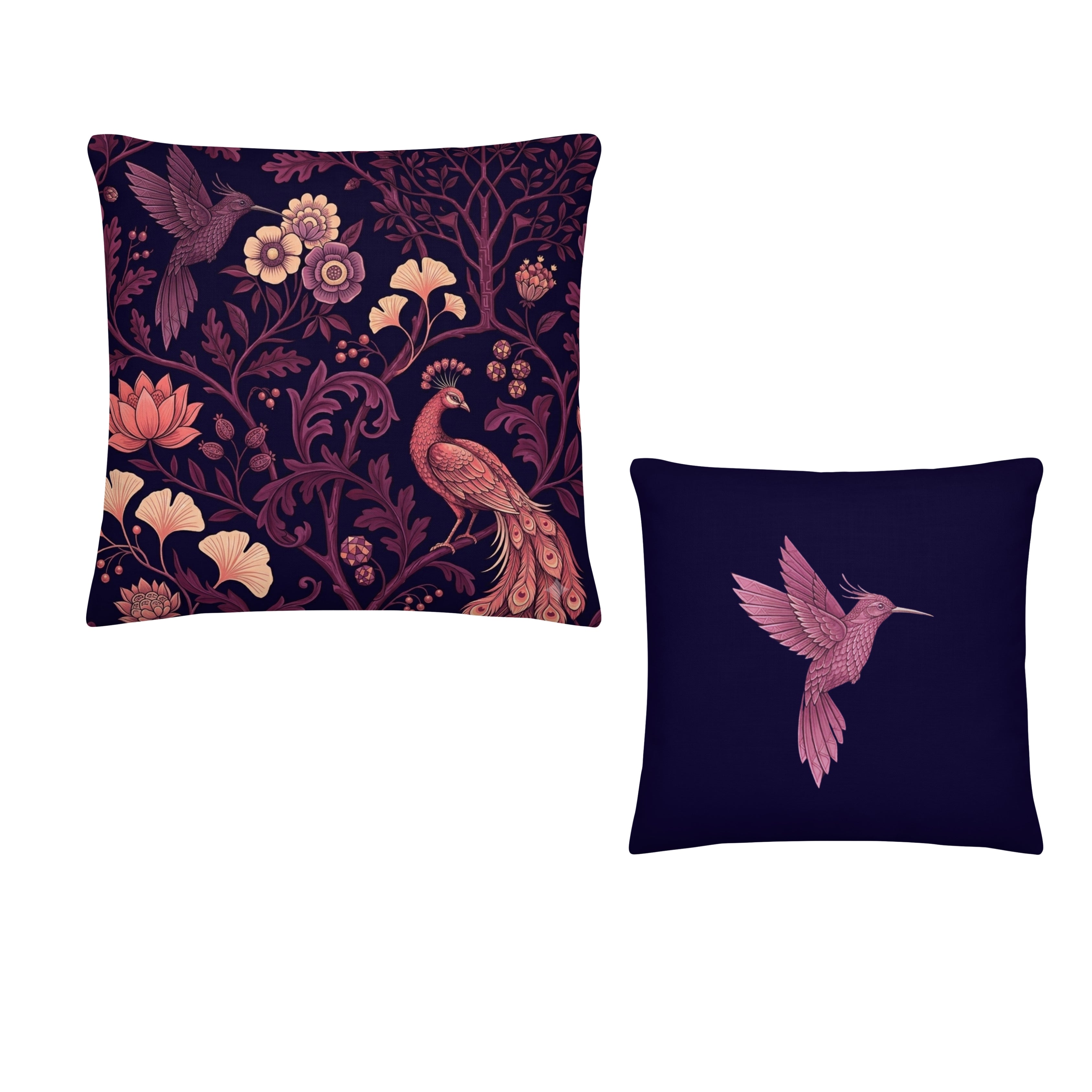 Decorative pillow with floral and bird pattern on one side and a hummingbird design on the other, against a white background.
