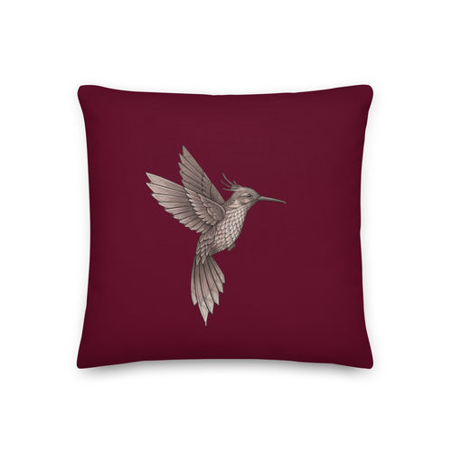 Product mockup - pillow with berry background and hummingbird drawing