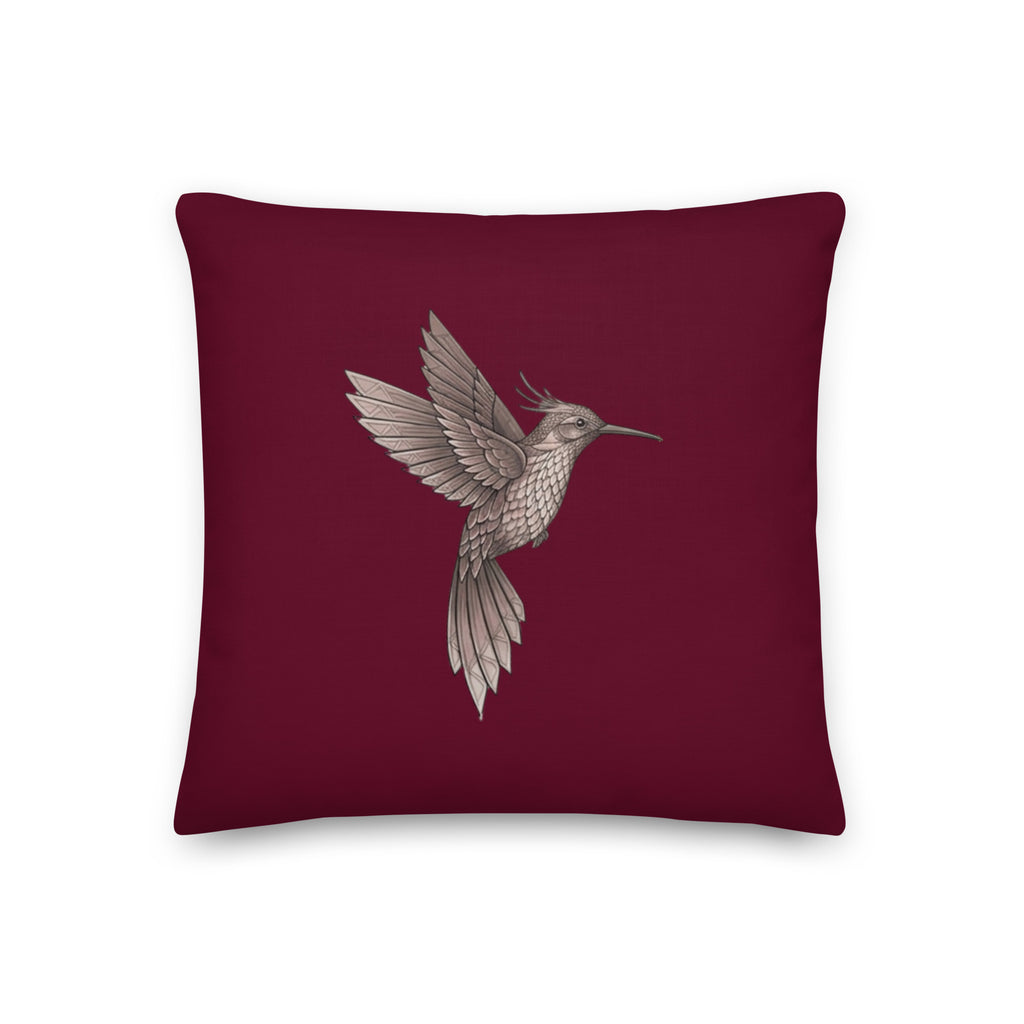 Product mockup - Hummingbird on a berry background pillow.