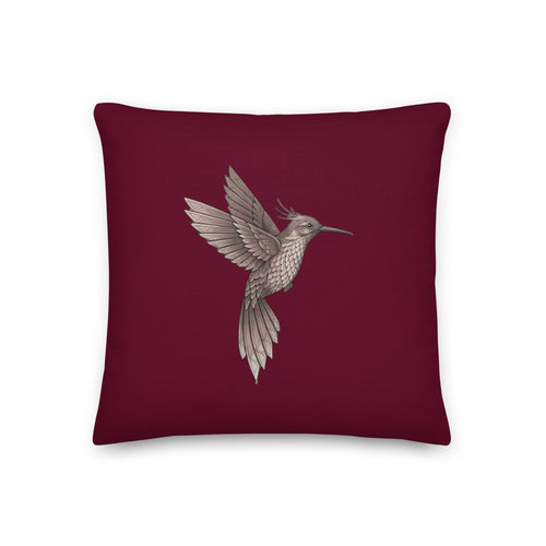 Product mockup - Hummingbird on a berry background pillow.
