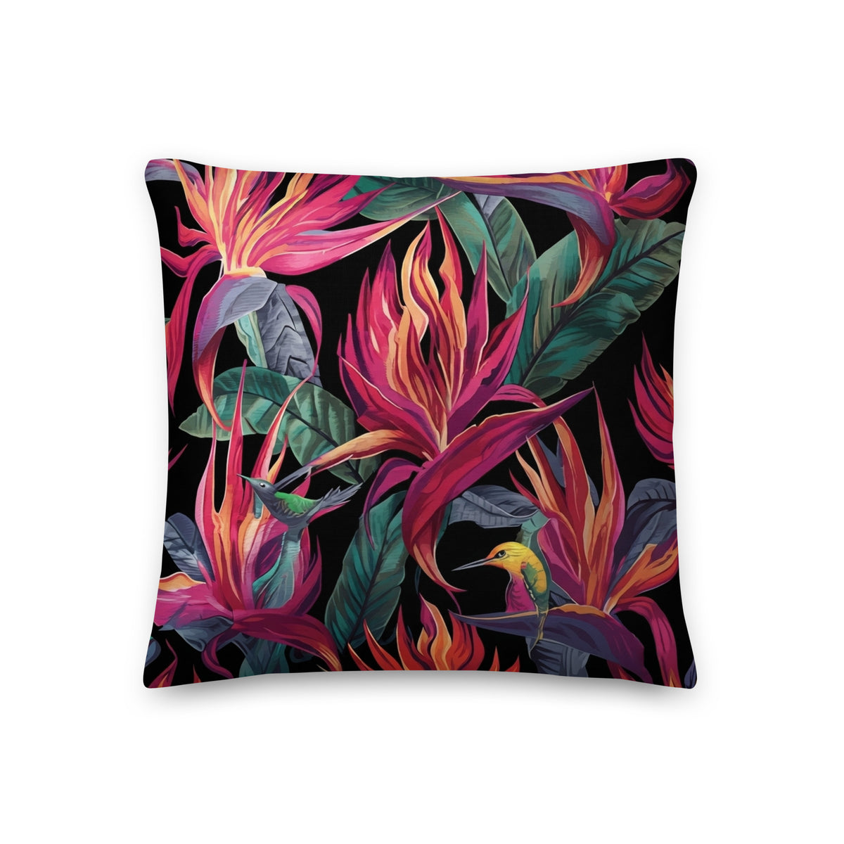 Birds of Paradise Emotion Edition throw pillow, 18x18 inch, front view showing  a square throw pillow featuring a vibrant botancal tropical floral and bird pattern on a black background, shown against a plain white studio backdrop.