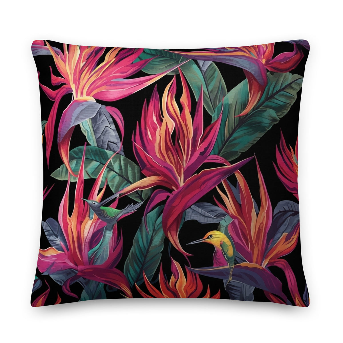 Birds of Paradise Emotion Edition throw pillow, 22x22 inch, front view - a square throw pillow featuring a vibrant tropical print of bird of paradise flowers, hummingbirds, and green leaves on a black background, shown against a plain white backdrop.