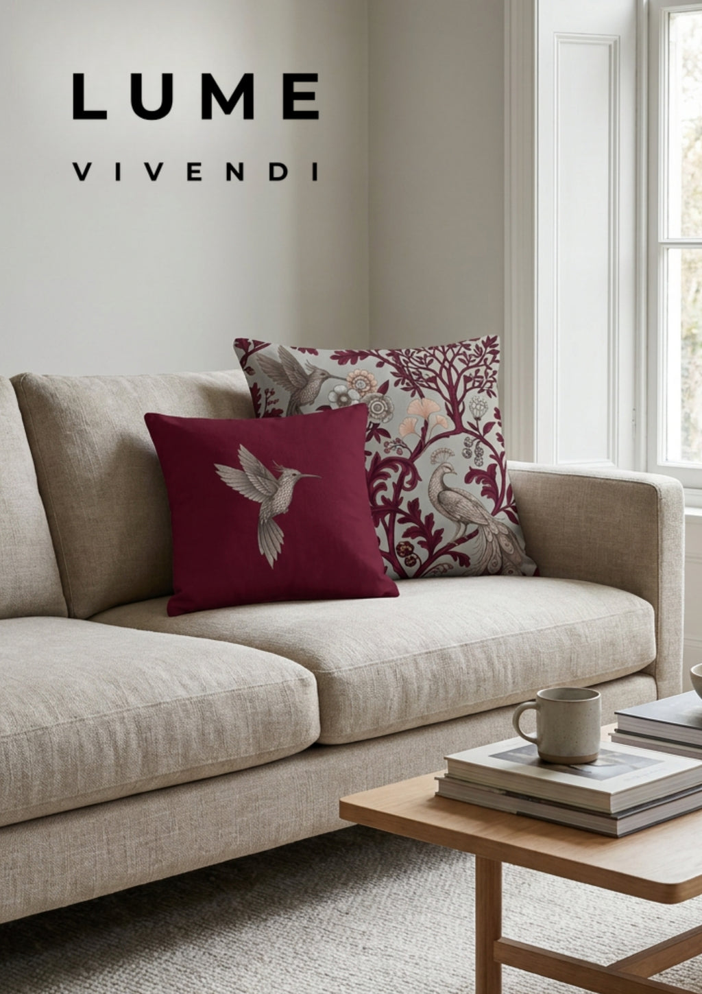 Beige sofa with decorative pillows and a coffee table in a living room setting, featuring Lume Vivendi branding.