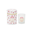Cherry Bloom scented candle by SoapTales, featuring a frosted glass candle holder next to a decorative cylindrical gift tube illustrated with red cherries, pink bows, and gold accents.