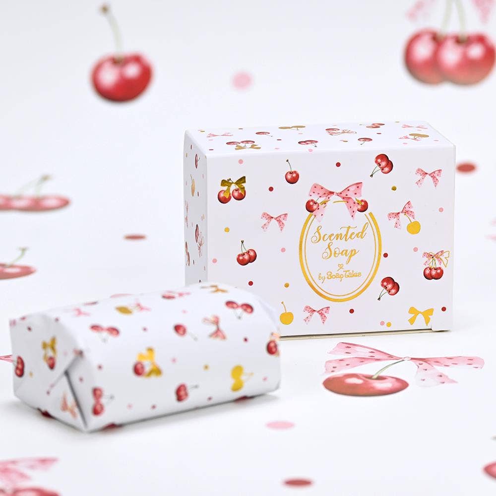 Cherry Bloom scented soap packaging with cherry design on a white background