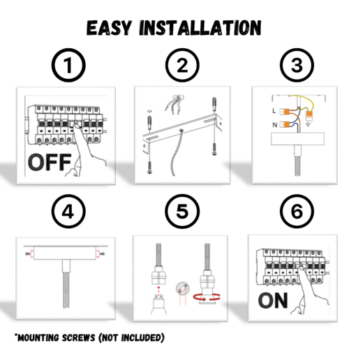 Step-by-step diagram for easy installation with icons and text labels.