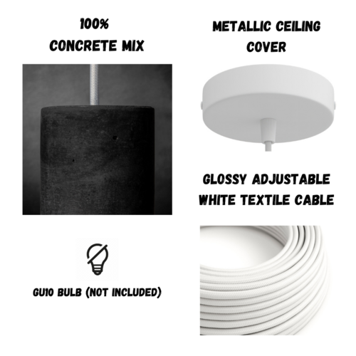 Product components including concrete mix, metallic ceiling cover, adjustable cable, and bulb on a white background.