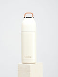 White insulated bottle with brown handle on a light gray background