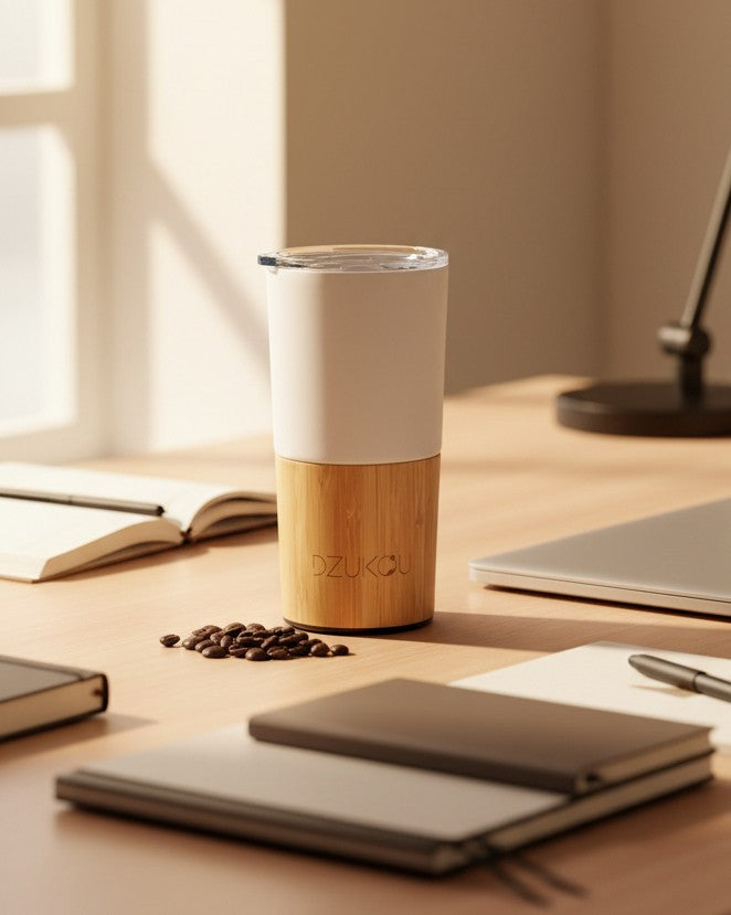 Inca Trail Premium bamboo and stainless steel coffee tumbler 470ml - eco-friendly insulated travel mug with double-wall insulation - white and wooden tumbler on a desk with books 