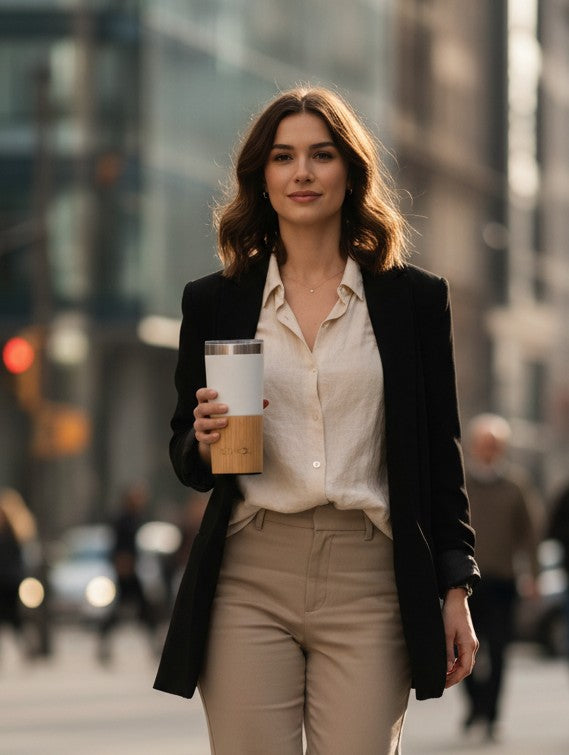 Inca Trail Premium bamboo and stainless steel coffee tumbler 470ml - eco-friendly insulated travel mug with double-wall insulation - woman holding a coffee tumbler in an urban setting