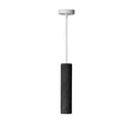 Pendant light with black cylindrical shade and white ceiling fixture on a white background