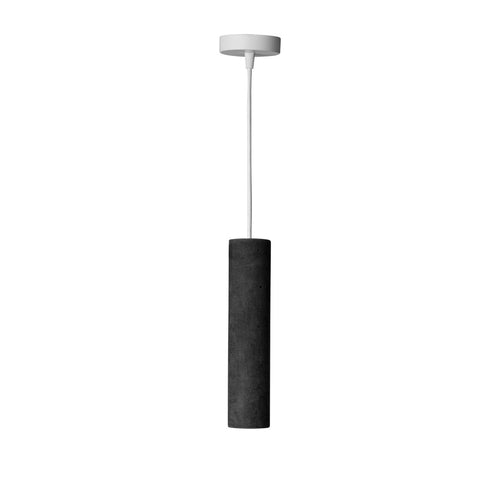 Pendant light with black cylindrical shade and white ceiling fixture on a white background