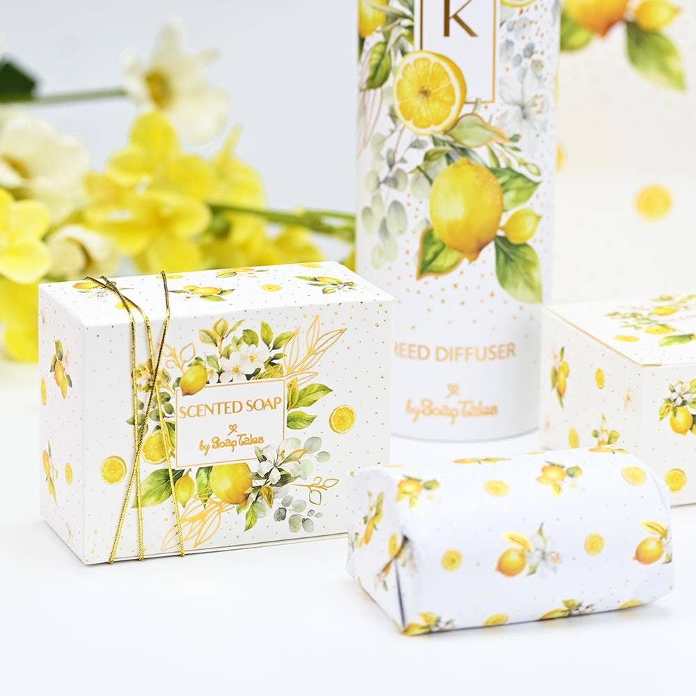 Decorative soap and diffuser set with lemon design on packaging