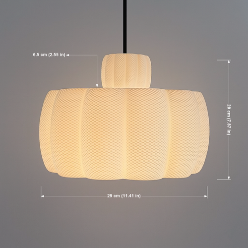 Pendant light with dimensions indicated on a gray background