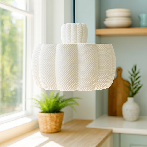 White textured lampshade in a room with a window, plants, and shelves.