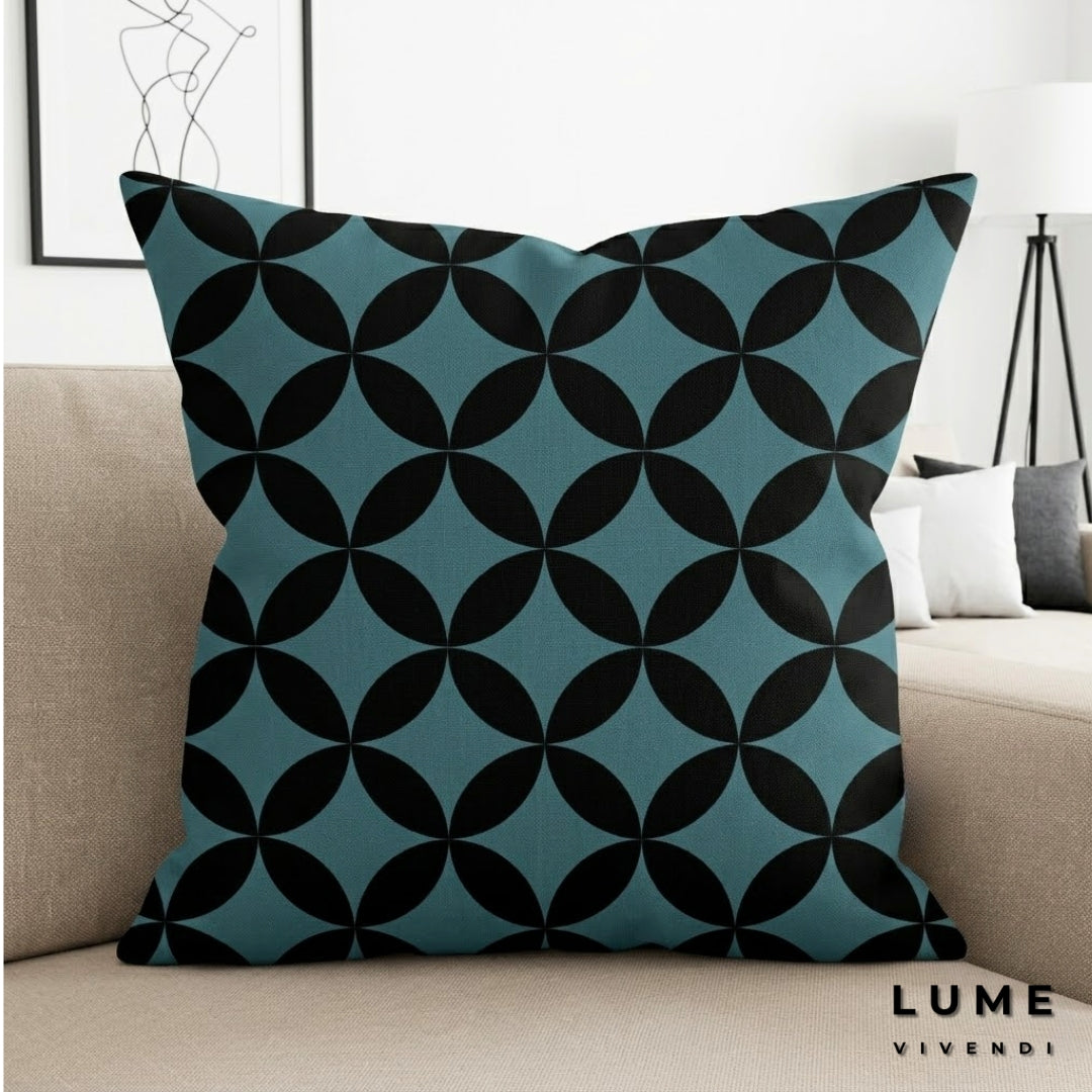 Midnight Ocean Geometric Pillow Styled in Modern Living Room - Premium Throw Pillow with Navy & Deep Blue Pattern