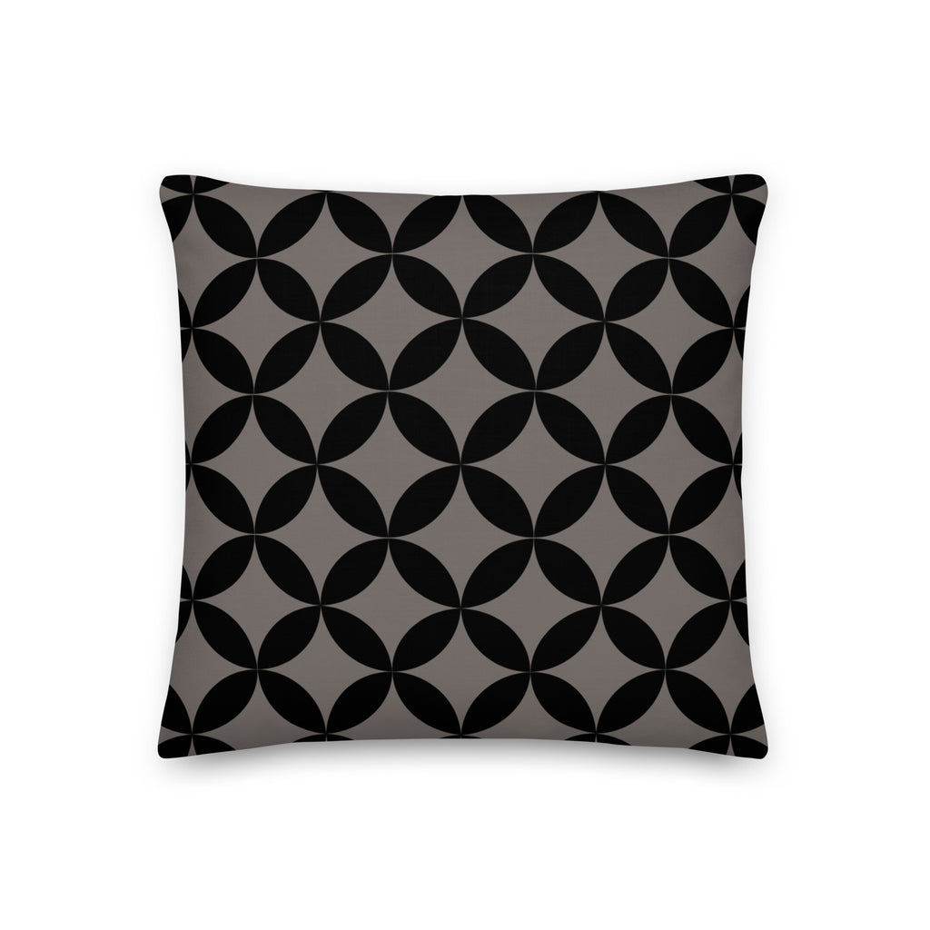 A premium marketing feature graphic for the Lume Vivendi Mid-Century Modern Geometric Collection Pillow in Chocolate. The image showcases a square accent pillow displaying an interlocking dark black circular pattern over a deep charcoal-taupe background. Clear product icon for 18"x18" sizing options,on a white  background