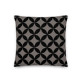 A premium marketing feature graphic for the Lume Vivendi Mid-Century Modern Geometric Collection Pillow in Chocolate. The image showcases a square accent pillow displaying an interlocking dark black circular pattern over a deep charcoal-taupe background. Clear product icon for 18"x18" sizing options,on a white  background