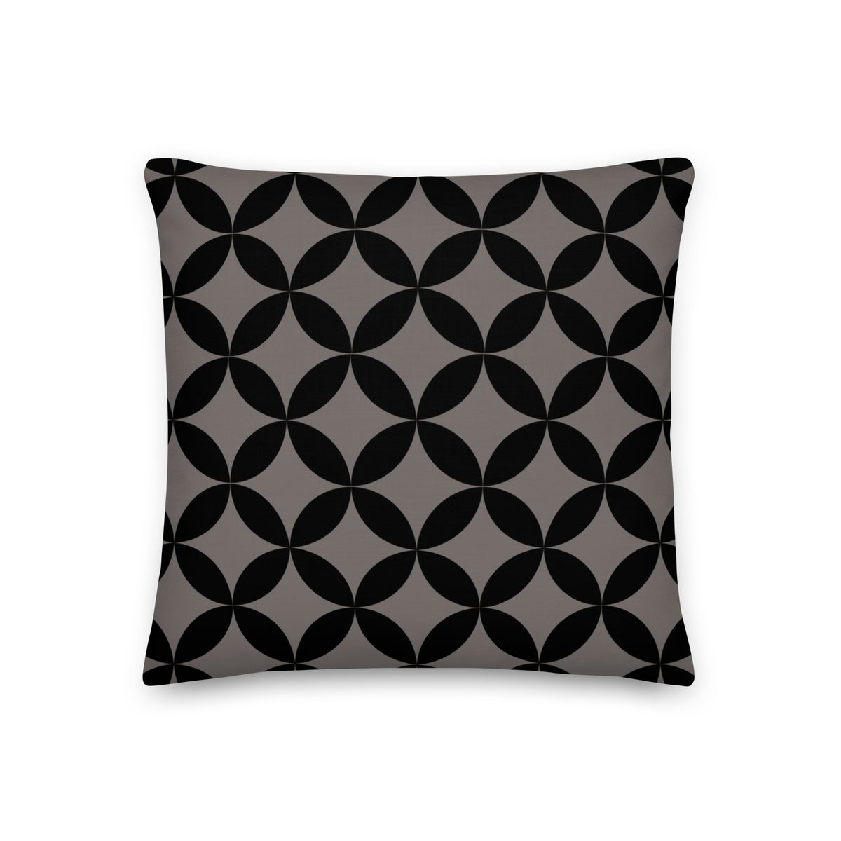 A premium marketing feature graphic for the Lume Vivendi Mid-Century Modern Geometric Collection Pillow in Chocolate. The image showcases a square accent pillow displaying an interlocking dark black circular pattern over a deep charcoal-taupe background. Clear product icon for 18"x18" sizing options,on a white  background