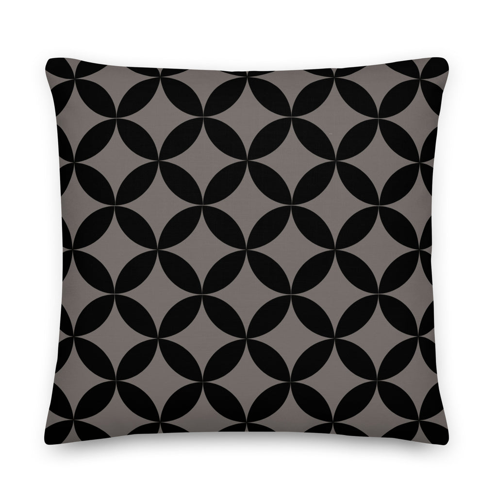 A premium marketing feature graphic for the Lume Vivendi Mid-Century Modern Geometric Collection Pillow in Chocolate. The image showcases a square accent pillow displaying an interlocking dark black circular pattern over a deep charcoal-taupe background. Clear product icon for 22"x22" sizing options,on a white  background