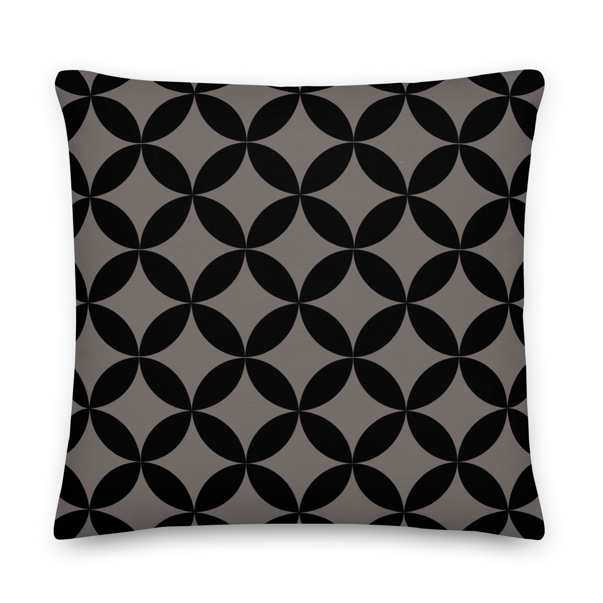 A premium marketing feature graphic for the Lume Vivendi Mid-Century Modern Geometric Collection Pillow in Chocolate. The image showcases a square accent pillow displaying an interlocking dark black circular pattern over a deep charcoal-taupe background. Clear product icon for 22"x22" sizing options,on a white  background