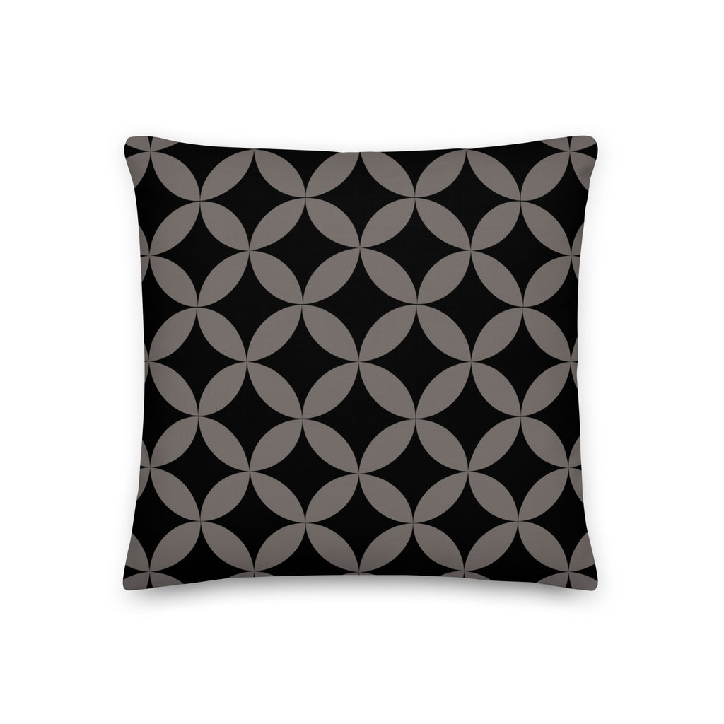 A premium marketing feature graphic for the Lume Vivendi Mid-Century Modern Geometric Collection Pillow in Espresso. The image showcases a square accent pillow displaying an interlocking dark charcoal-taupe circular pattern over a deep black background. Clear product icon for 18"x18" sizing options,on a white  background
