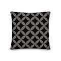 A premium marketing feature graphic for the Lume Vivendi Mid-Century Modern Geometric Collection Pillow in Espresso. The image showcases a square accent pillow displaying an interlocking dark charcoal-taupe circular pattern over a deep black background. Clear product icon for 18"x18" sizing options,on a white  background