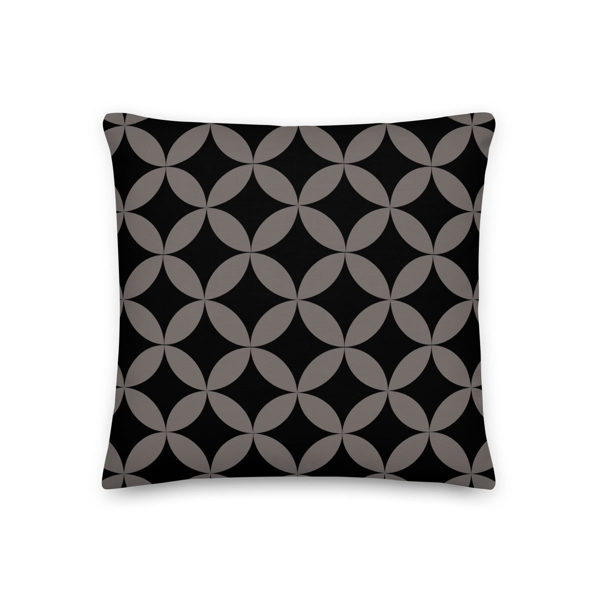 A premium marketing feature graphic for the Lume Vivendi Mid-Century Modern Geometric Collection Pillow in Espresso. The image showcases a square accent pillow displaying an interlocking dark charcoal-taupe circular pattern over a deep black background. Clear product icon for 18"x18" sizing options,on a white  background