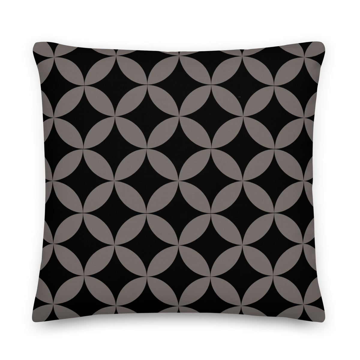 A premium marketing feature graphic for the Lume Vivendi Mid-Century Modern Geometric Collection Pillow in Espresso. The image showcases a square accent pillow displaying an interlocking dark charcoal-taupe circular pattern over a deep black background. Clear product icon for 22"x22" sizing options,on a white  background