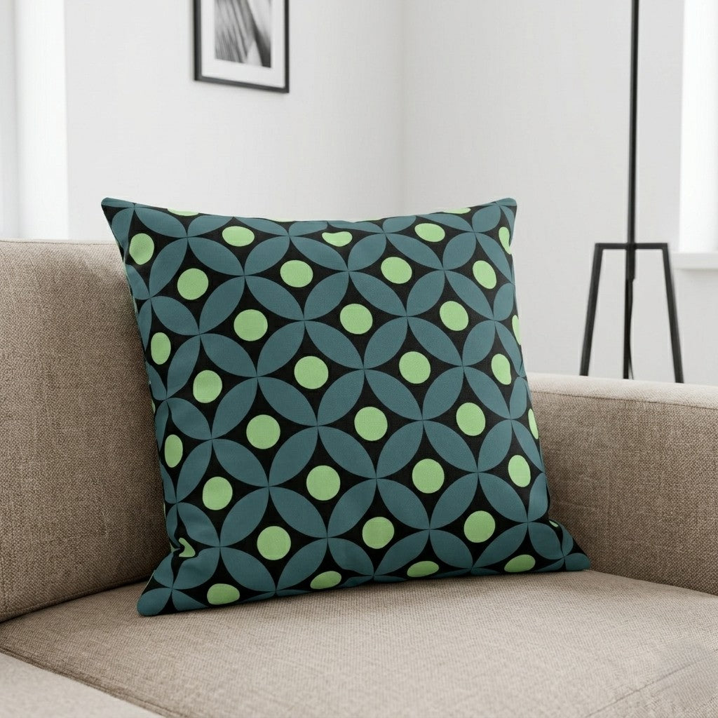 Mid-Century Modern Geometric Pillow in Ocean - Teal and Lime Green Coastal Pattern product image in a living room on a beige sofa