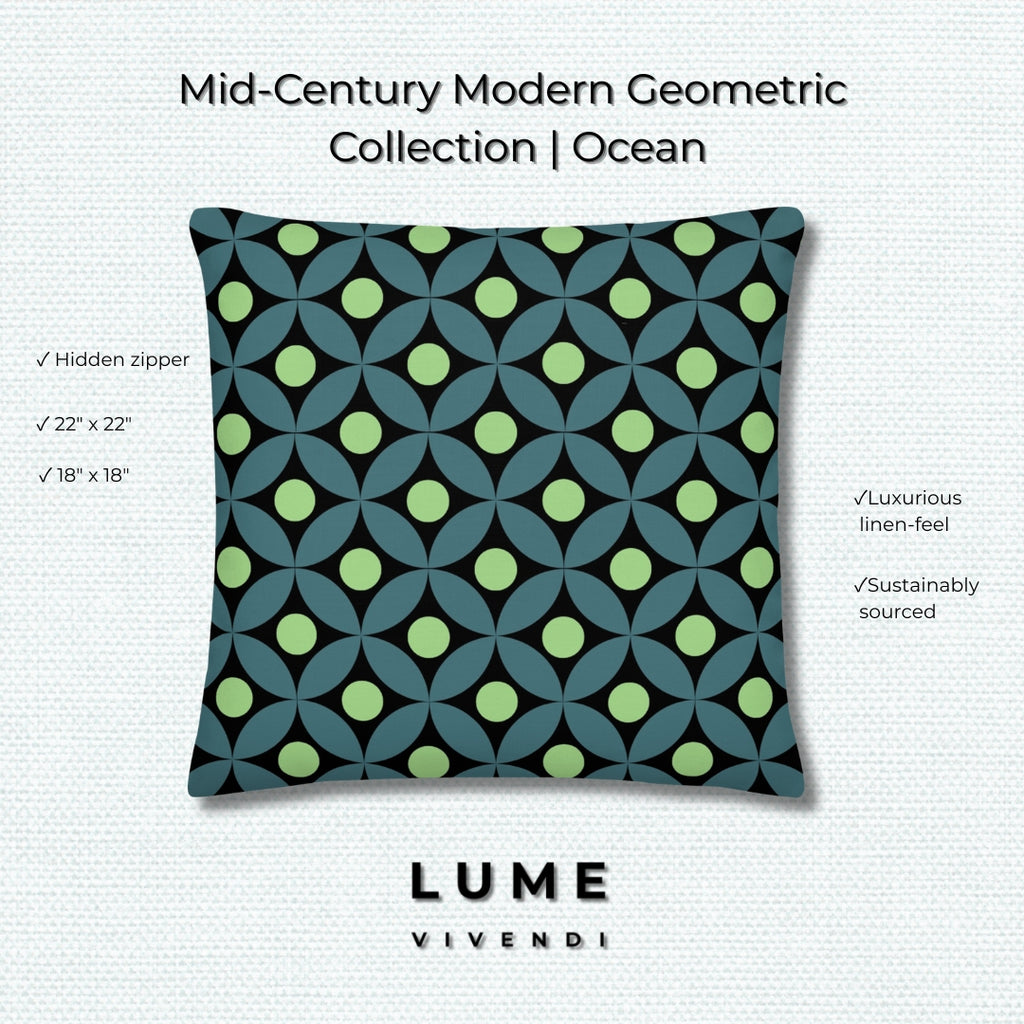 Mid-Century Modern Geometric Pillow in Ocean - Teal and Lime Green Coastal Pattern product image on a decorative background with key features showed: hidden zipper, sizes, luxury linen-feel, sustainability and Lume Vivendi logo