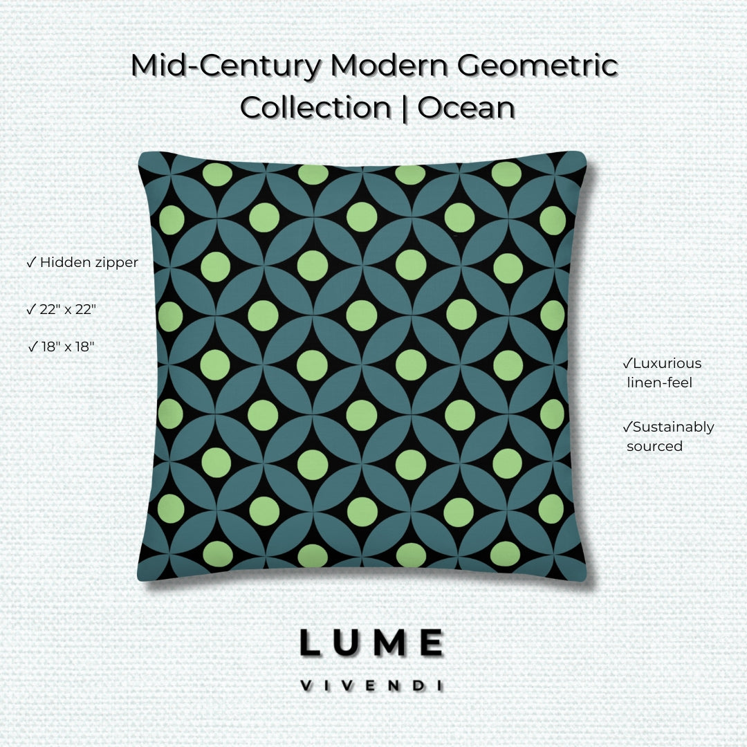 Mid-Century Modern Geometric Pillow in Ocean - Teal and Lime Green Coastal Pattern product image on a decorative background with key features showed: hidden zipper, sizes, luxury linen-feel, sustainability and Lume Vivendi logo