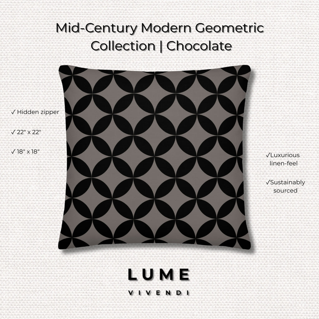 A premium marketing feature graphic for the Lume Vivendi Mid-Century Modern Geometric Collection Pillow in Chocolate. The image showcases a square accent pillow displaying an interlocking dark black circular pattern over a deep charcoal-taupe background. Geometric patterned pillow with LUME Vivendi branding and key features - "Hidden zipper"; "Luxurious linen-feel"; "Sustainably sourced"; "Sizes" on a light gray background.