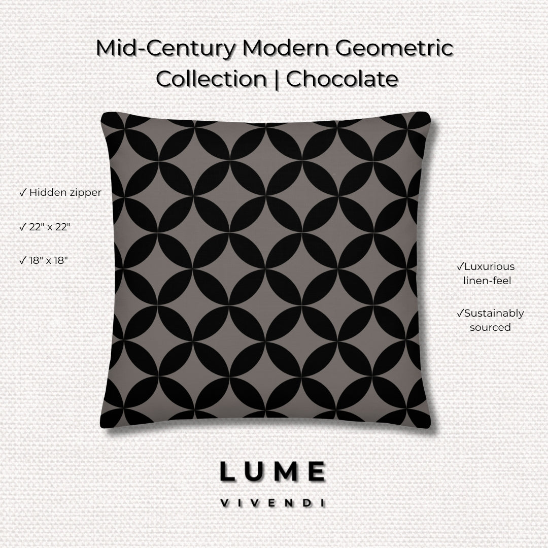 A premium marketing feature graphic for the Lume Vivendi Mid-Century Modern Geometric Collection Pillow in Chocolate. The image showcases a square accent pillow displaying an interlocking dark black circular pattern over a deep charcoal-taupe background. Geometric patterned pillow with LUME Vivendi branding and key features - "Hidden zipper"; "Luxurious linen-feel"; "Sustainably sourced"; "Sizes" on a light gray background.