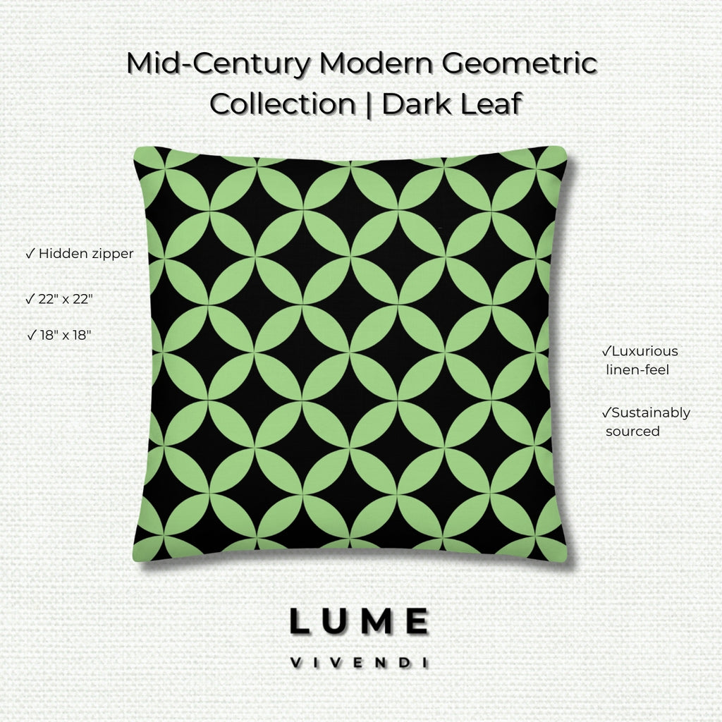 Geometric patterned pillow Dark Leaf with LUME branding on a light woven background