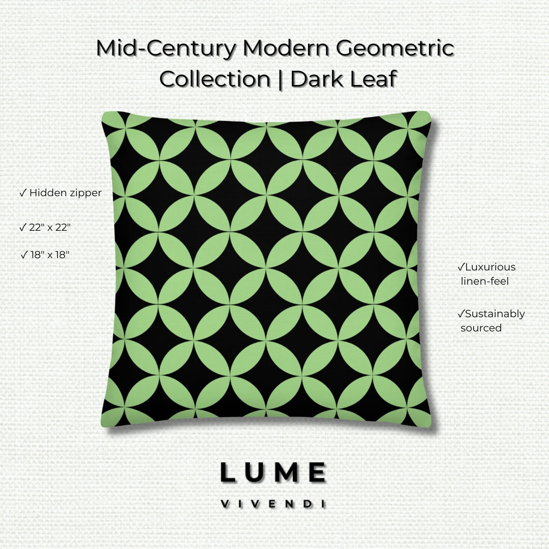 Geometric patterned pillow Dark Leaf with LUME branding on a light woven background