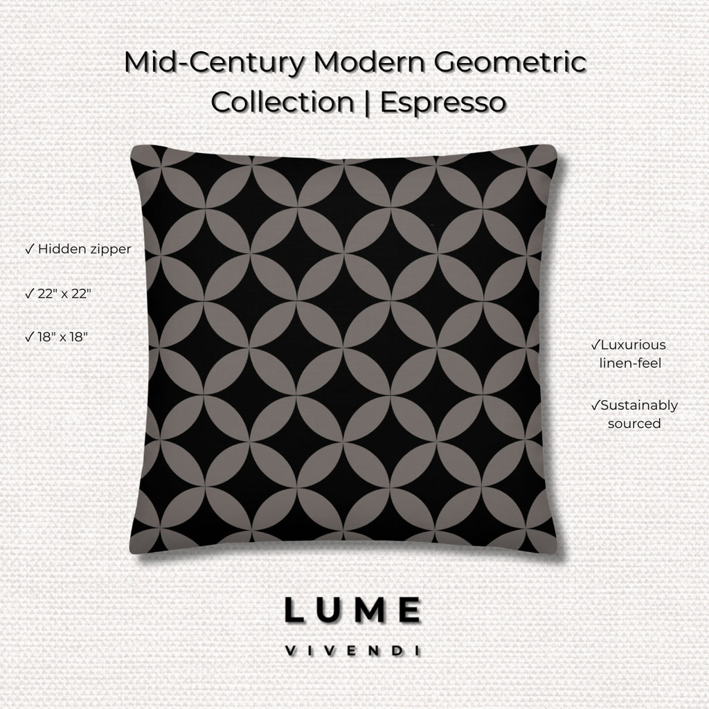 A premium marketing feature graphic for the Lume Vivendi Mid-Century Modern Geometric Collection Pillow in Espresso. The image showcases a square accent pillow displaying an interlocking dark charcoal-taupe circular pattern over a deep black background. Clear product icons and text highlight its hidden zipper, 22"x22" and 18"x18" sizing options, luxurious linen-feel texture, and sustainably sourced materials against a clean, textured white fabric background.