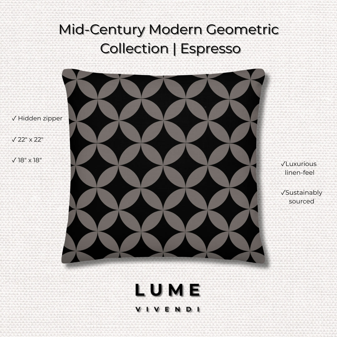 A premium marketing feature graphic for the Lume Vivendi Mid-Century Modern Geometric Collection Pillow in Espresso. The image showcases a square accent pillow displaying an interlocking dark charcoal-taupe circular pattern over a deep black background. Clear product icons and text highlight its hidden zipper, 22"x22" and 18"x18" sizing options, luxurious linen-feel texture, and sustainably sourced materials against a clean, textured white fabric background.