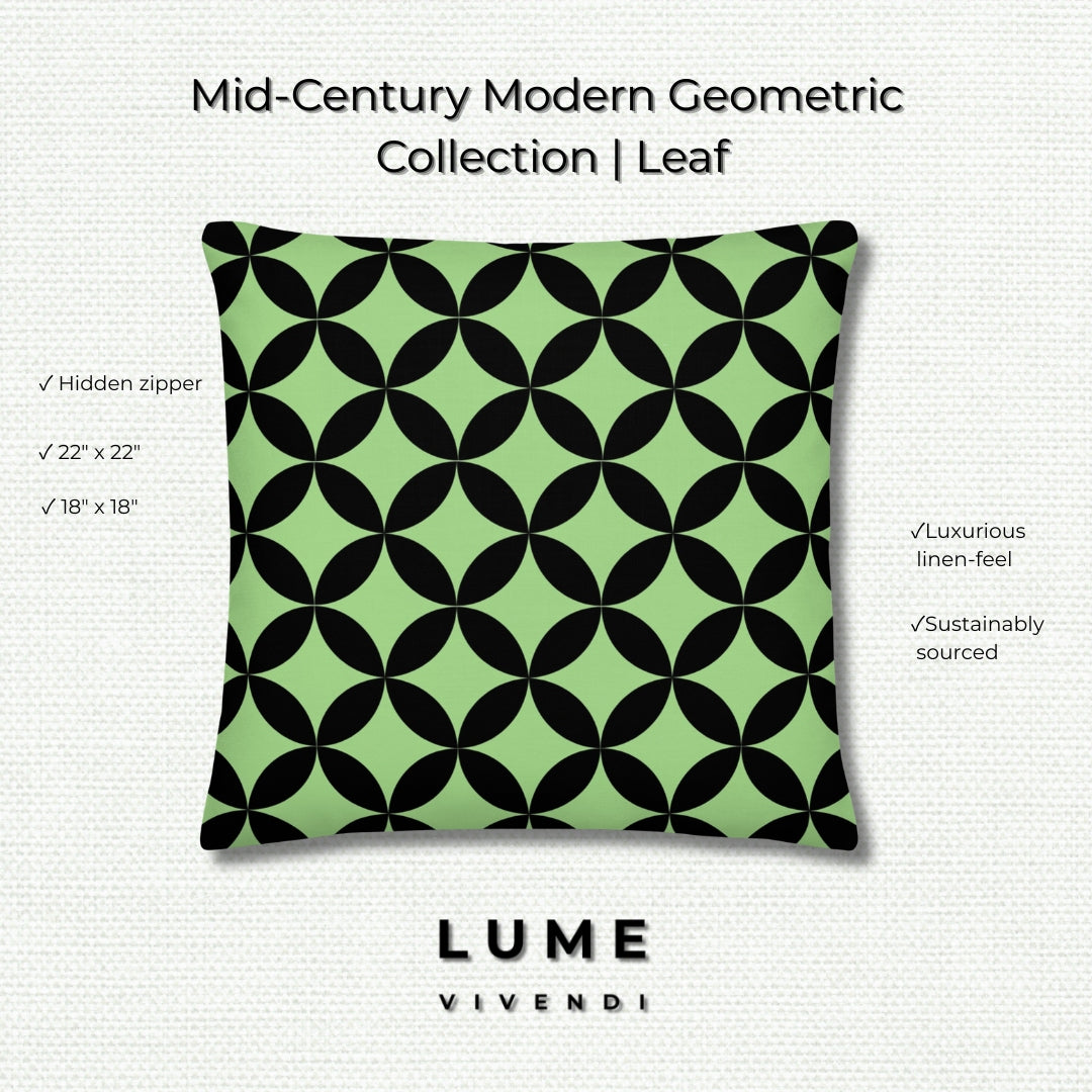 Green and black geometric patterned pillow with LUME VIVENDI branding on a light woven background