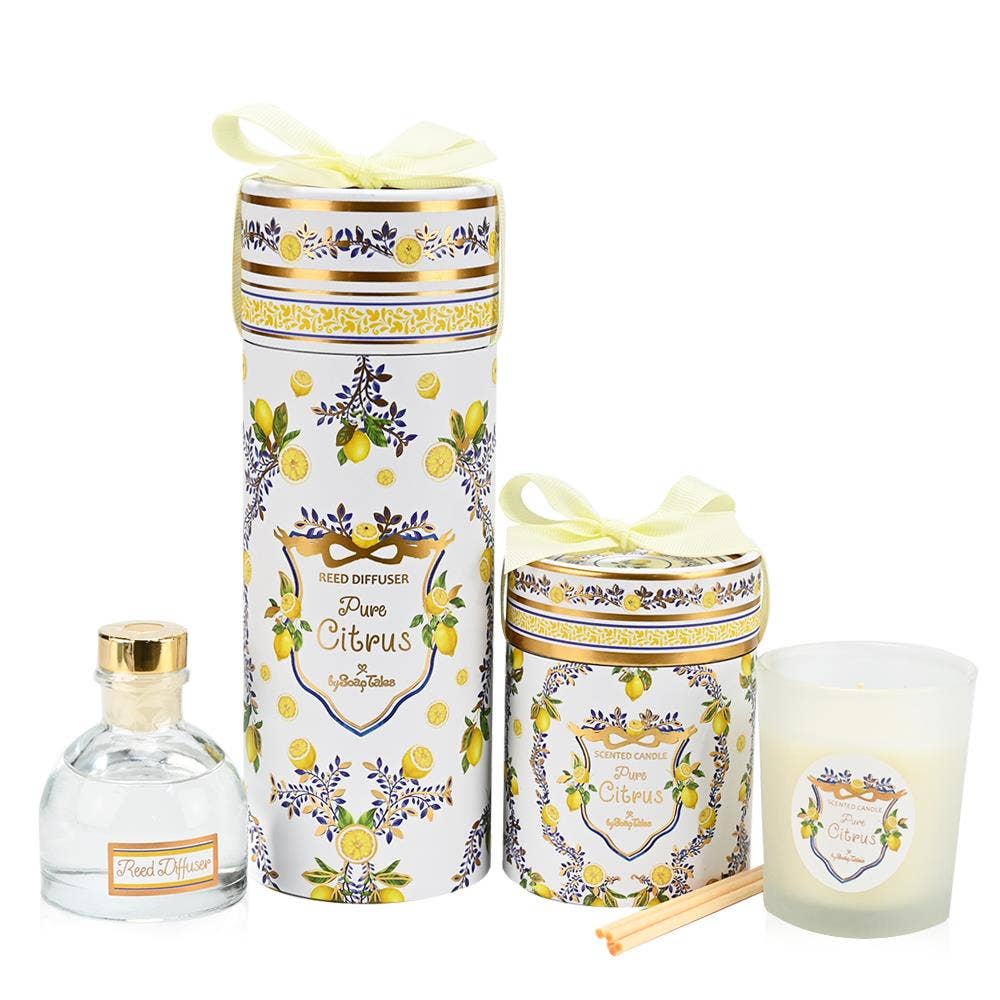 Set of Pure Citrus diffuser, candle, and bottle on a white background