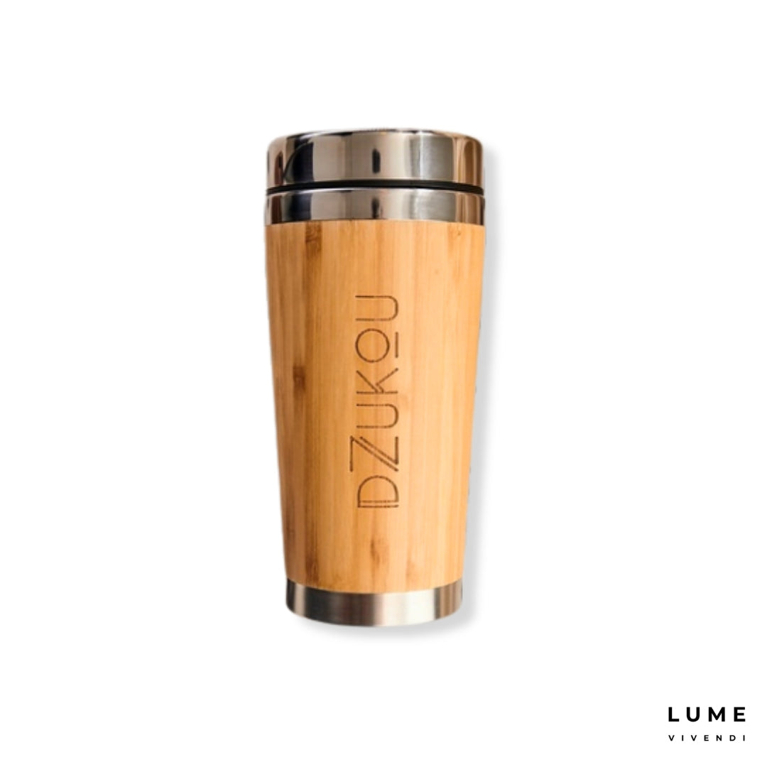 Wooden tumbler with silver lid on a white background, featuring the brand 'DZUKOU'.